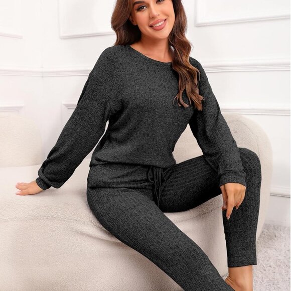 Women’s Pajama Set Soft Ribbed Knit Long Sleeve Sleepwear Lounge Set Pocket XXL - Picture 2 of 3